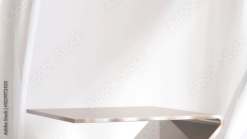 Gold chrome geometric shape podium table, blowing white cloth curtain in sunlight on beige wallpaper wall for luxury, elegant cosmetic, skincare, body care, beauty product display background 3D photo