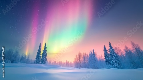 Northern Lights Above Snowcovered Forest at Night, Natural Winter Landscape Generative AI photo