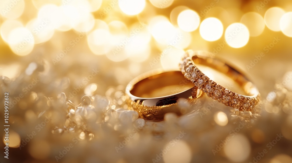 Elegant wedding rings displayed on a bed of shimmering gems Elegant wedding rings displayed on a bed of shimmering gems