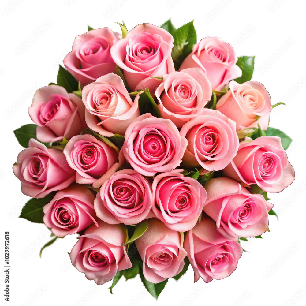 Naklejka premium Bouquet of pink roses top view isolated on transparent background