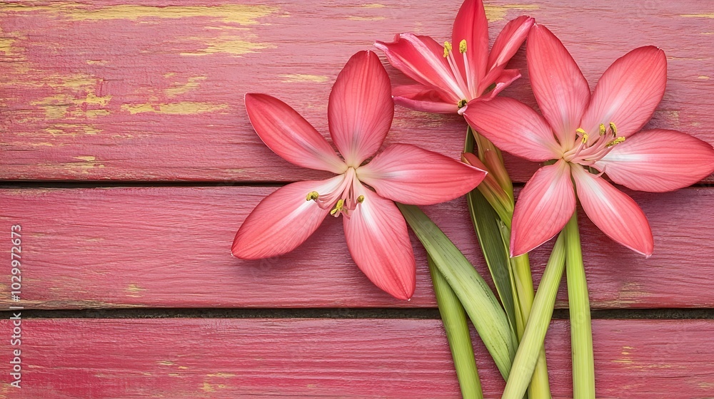 Closeup View of Three Pink Flowers on a Red Wooden Surface Light Gradient Background with Room for Typography Closeup View of Three Pink Flowers on a Red Wooden Surface Light Gradient Background with Room for Typography