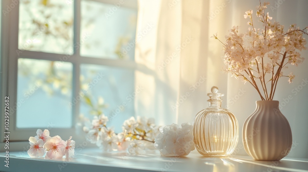 Obraz premium Bright sunlight filters through a window onto a vase of flowers