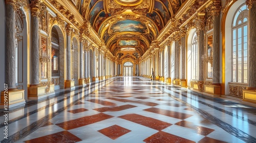 Ornate, naturally lit hall in Versailles