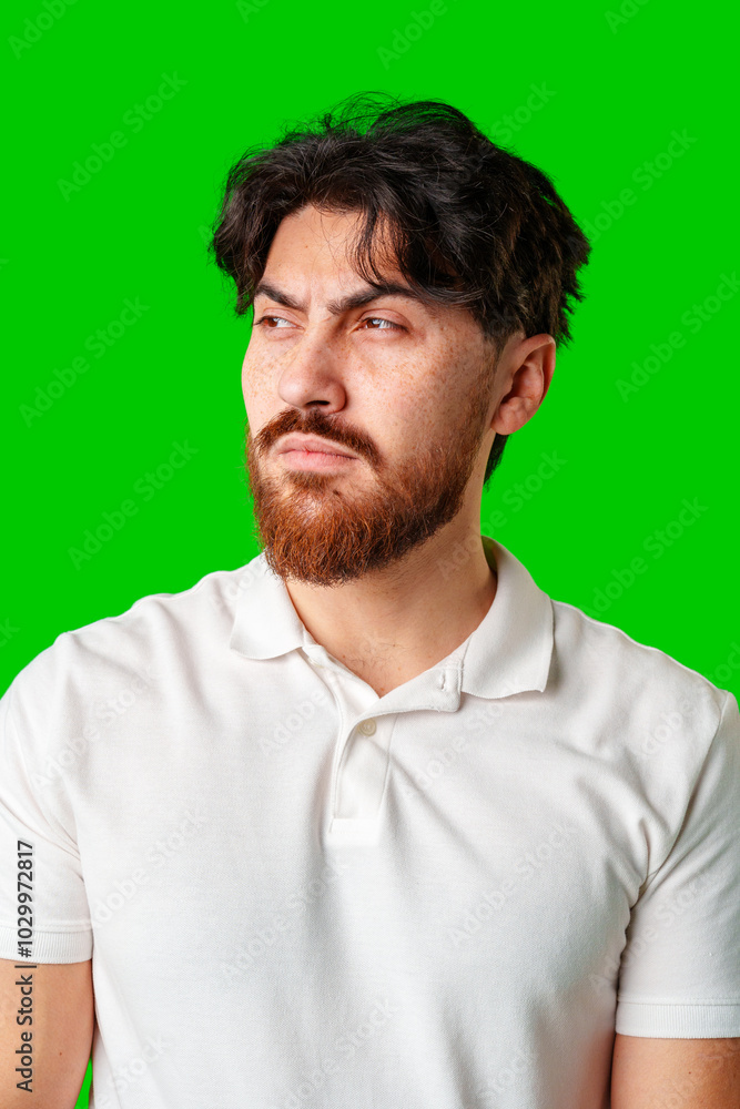 A man with a serious expression stands with crossed arms against a vibrant green background A man with a serious expression stands with crossed arms against a vibrant green background