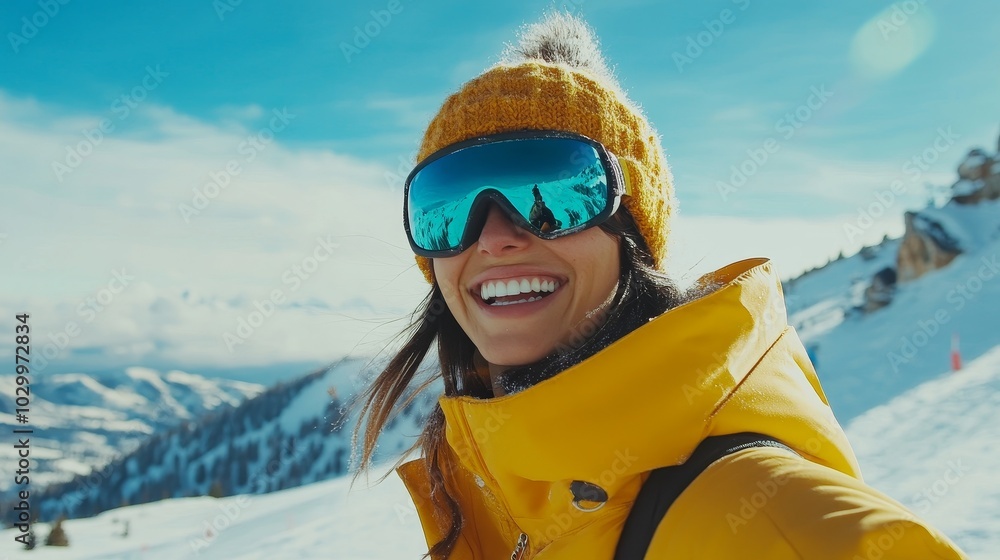 Smiling skier in a yellow jacket enjoying the mountains on a sunny day Smiling skier in a yellow jacket enjoying the mountains on a sunny day