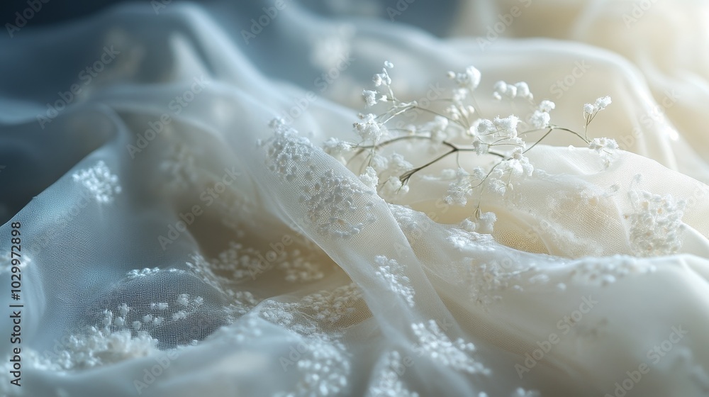 Fototapeta premium Delicate white fabric with floral embellishments indoors at sunrise