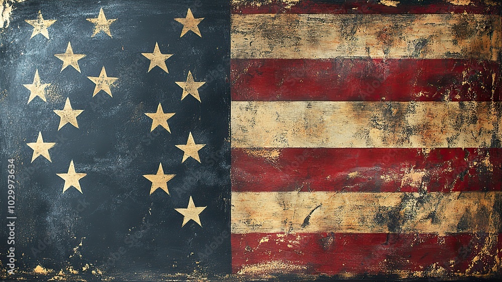 Fototapeta premium An American flag frames the top border of a blank chalkboard with copy space.