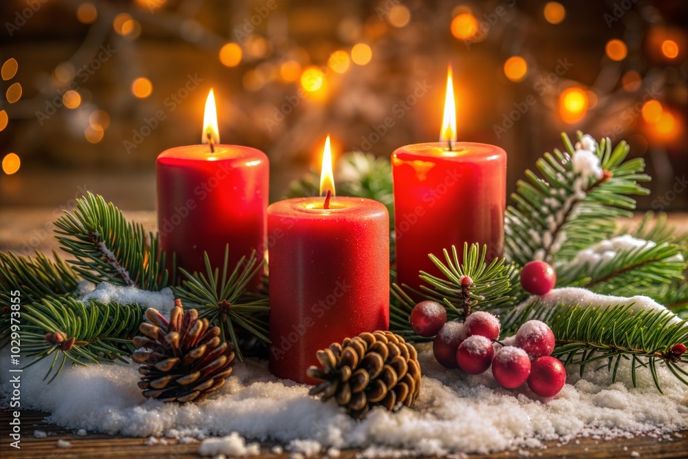 Three red candles pine branches and snow for cozy christmas eve Three red candles pine branches and snow for cozy christmas eve
