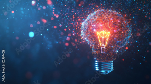 A light bulb represents a new business idea. The image shows a brain, symbolizing human creativity and intelligence, combined with artificial intelligence. This represents reaching.low poly wireframe.