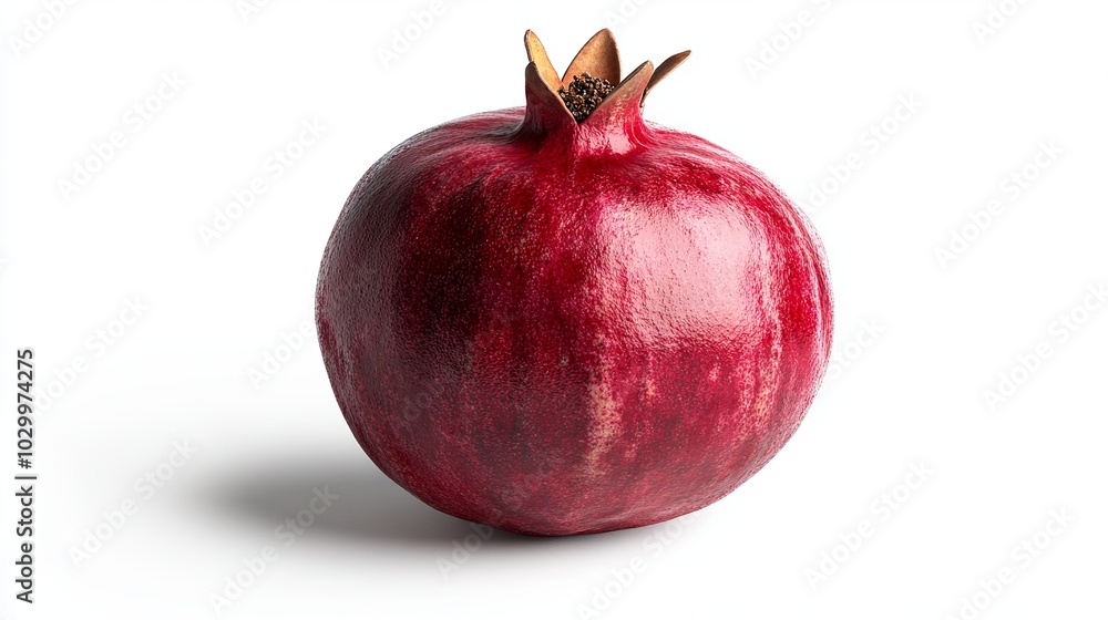 A single pomegranate rests on an isolated white surface, creating a stunning image with exceptional depth of field. The object's intricate textures