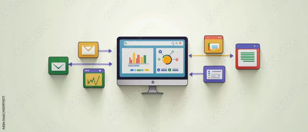 A digital interface displays analytics and data, connected with colorful icons representing different metrics and information. A digital interface displays analytics and data, connected with colorful icons representing different metrics and information.