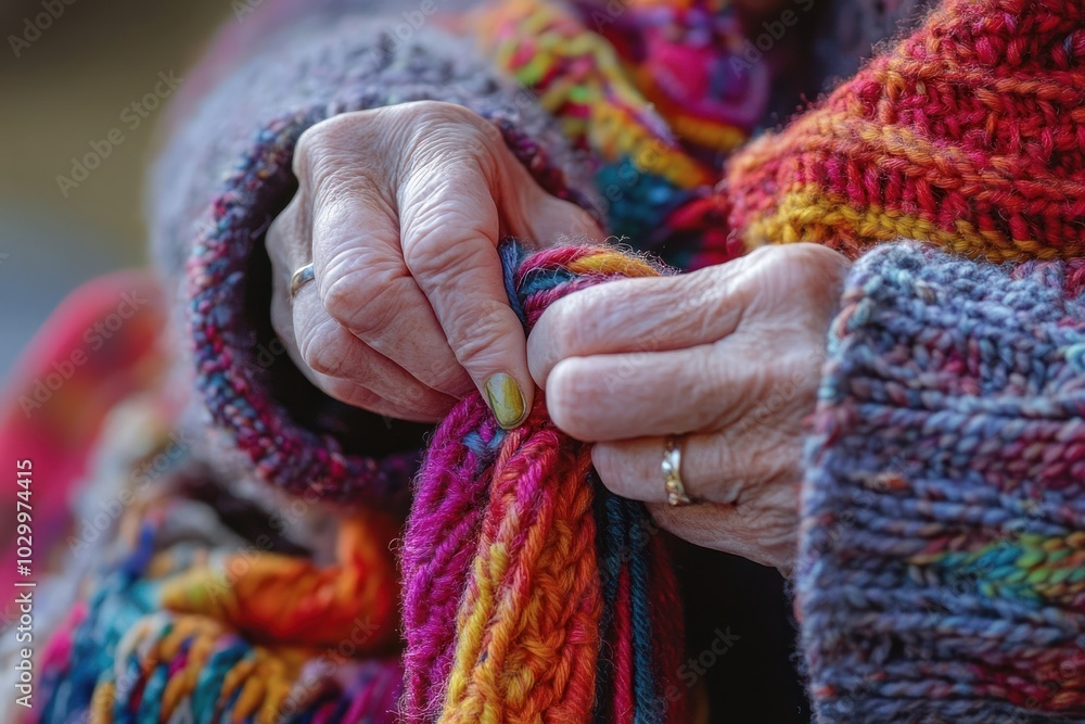 Closeup of wrinkled hands holding colorful knitted yarn. Closeup of wrinkled hands holding colorful knitted yarn.