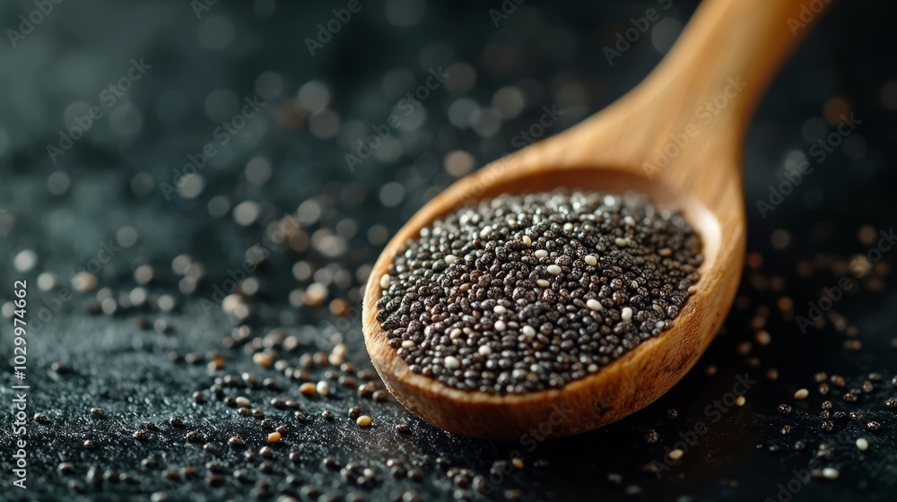 Close-Up of Black Seeds in a Wooden Spoon on a Dark Surface Close-Up of Black Seeds in a Wooden Spoon on a Dark Surface