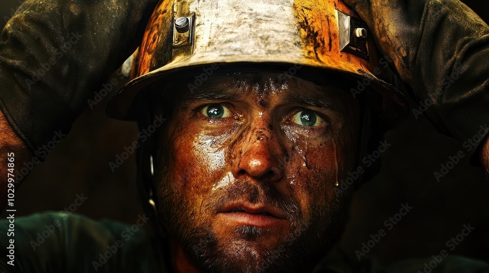 Close-up portrait of a man with dirt on his face and a hard hat. Close-up portrait of a man with dirt on his face and a hard hat.