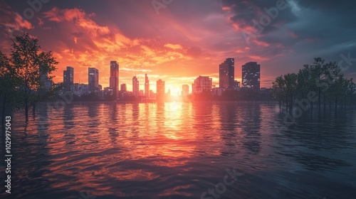 Dramatic sunset over a modern city skyline reflecting on water