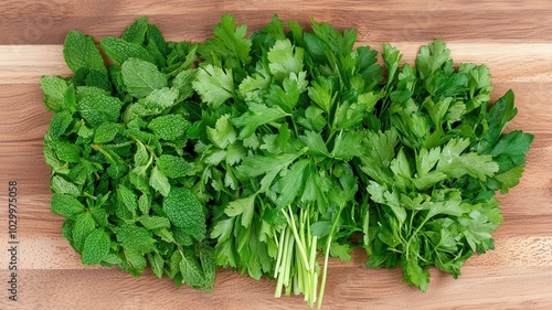 Fresh Thai herbs, including basil, mint, and cilantro, neatly arranged on a wooden surface, ready for use in cooking.