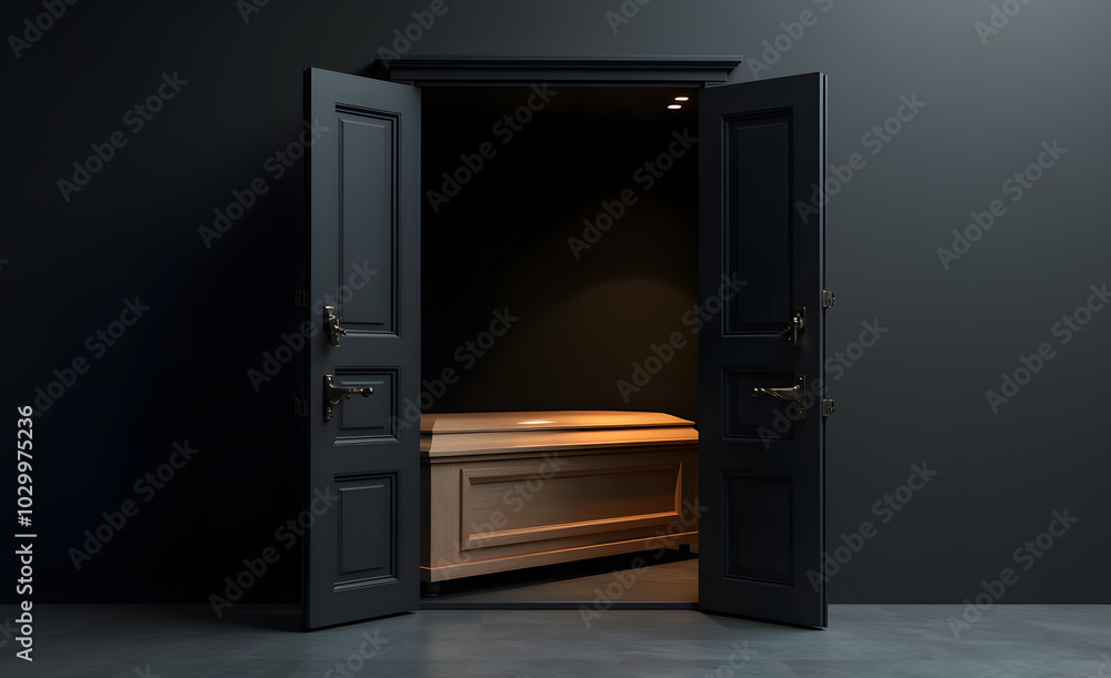 Coffin illuminated in a dark room through an open door, creating a solemn and contemplative atmosphere
Coffin illuminated in a dark room through an open door, creating a solemn and contemplative atmosphere