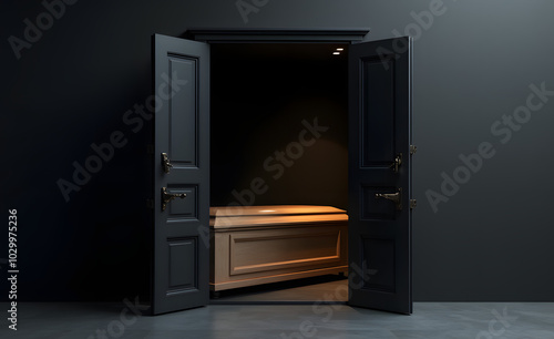 Coffin illuminated in a dark room through an open door, creating a solemn and contemplative atmosphere 