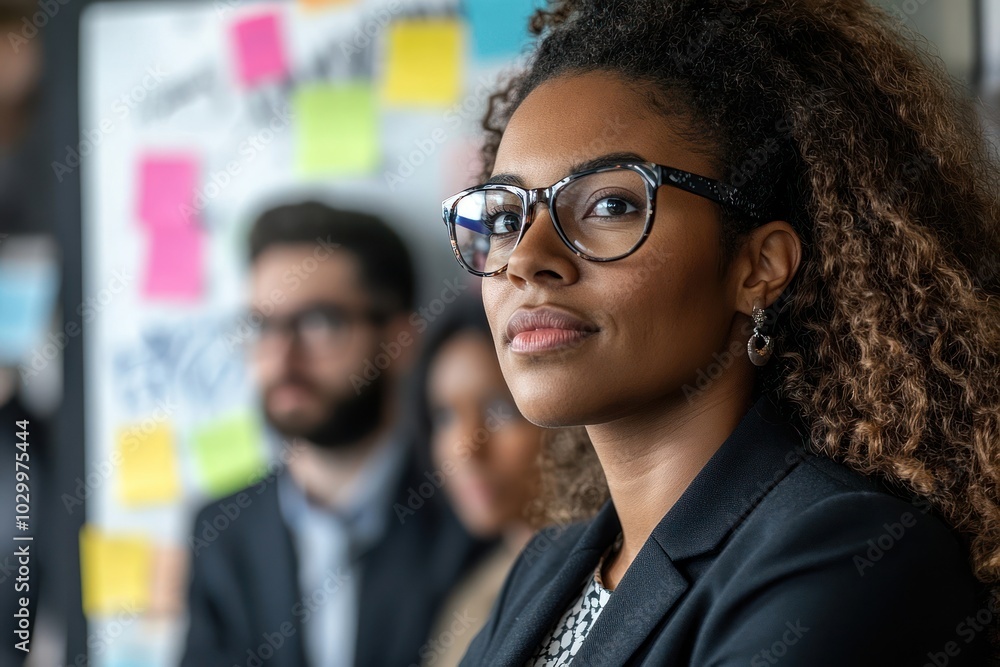 Close-up portrait of a young businesswoman in a black suit and glasses looking thoughtfully at a presentation. Close-up portrait of a young businesswoman in a black suit and glasses looking thoughtfully at a presentation.