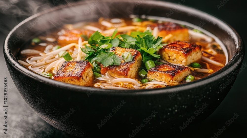 A bowl of steaming vegan Thai noodle soup with crispy tofu, fresh cilantro, and bean sprouts in a rich broth. A bowl of steaming vegan Thai noodle soup with crispy tofu, fresh cilantro, and bean sprouts in a rich broth.