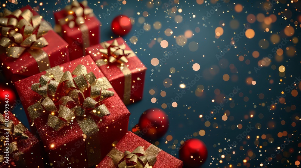 Christmas banner. Realistic gold gift box with red bow, pine branches, golden stars and glitter confetti. Xmas background, cover, poster, greeting cards, headers website. Christmas banner. Realistic gold gift box with red bow, pine branches, golden stars and glitter confetti. Xmas background, cover, poster, greeting cards, headers website.