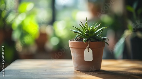 Small potted succulent plant with blank tag on wooden table