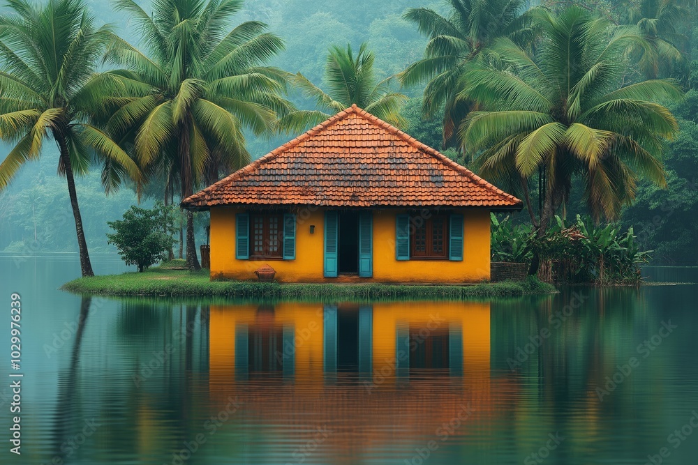 Fototapeta premium Idyllic lakeside house with orange roof, surrounded by palm trees and reflecting on tranquil water