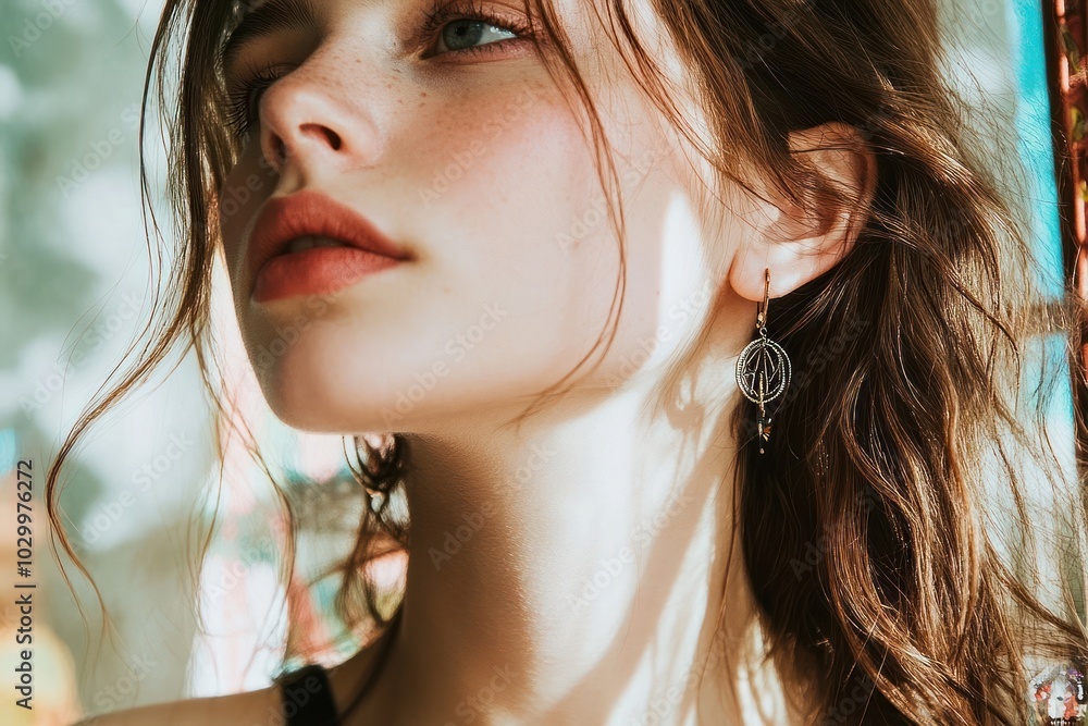 Close-up portrait of a young woman with brown hair and freckles looking up with a beautiful earring. Close-up portrait of a young woman with brown hair and freckles looking up with a beautiful earring.