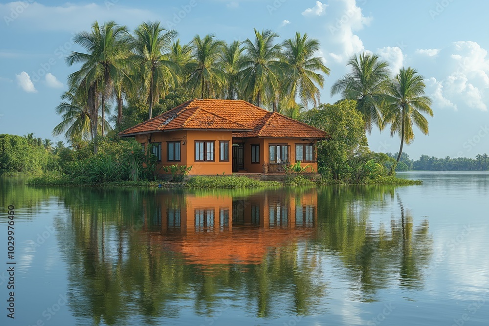 Peaceful House Surrounded by Palm Trees on a Calm Lake in Kerala, India Peaceful House Surrounded by Palm Trees on a Calm Lake in Kerala, India