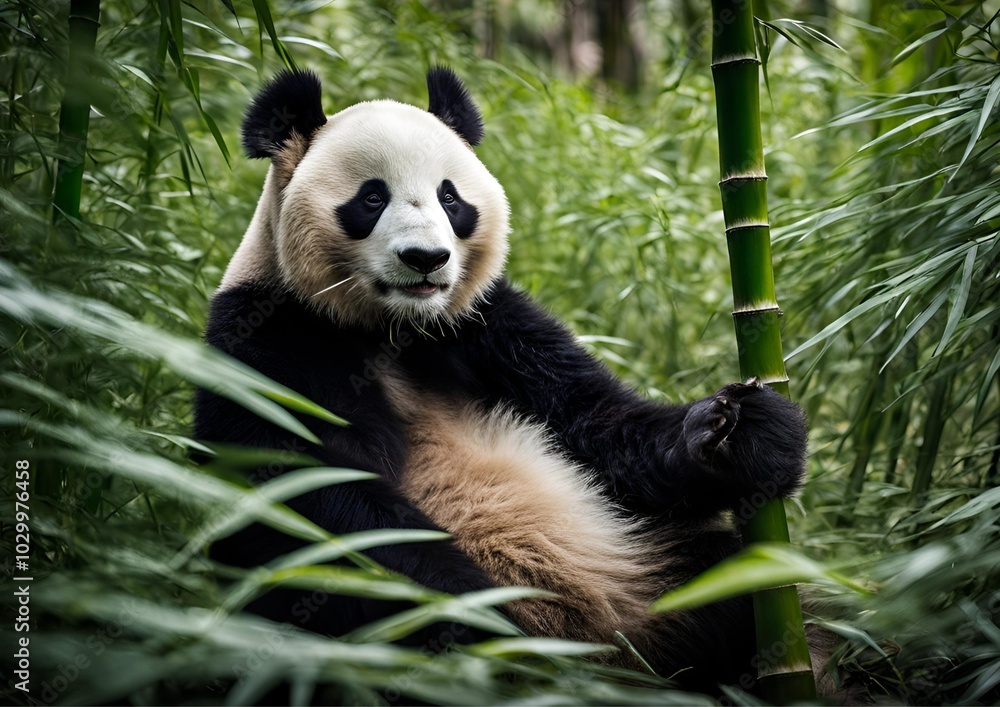 Obraz premium A charming panda sits contentedly, munching on bamboo.