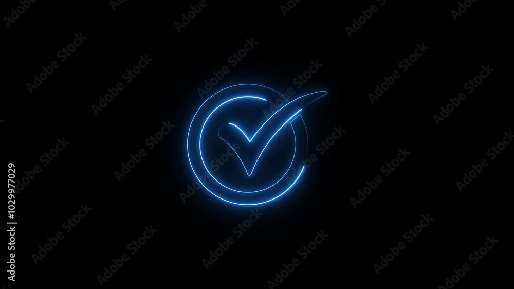 Glowing blue colour neon check mark icon animation on black background. Glowing blue colour neon check mark icon animation on black background.