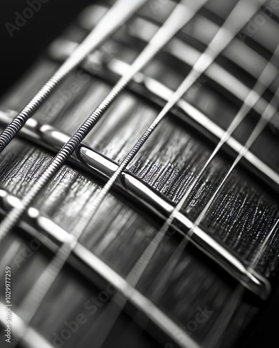 Close-up of guitar fretboard with strings.