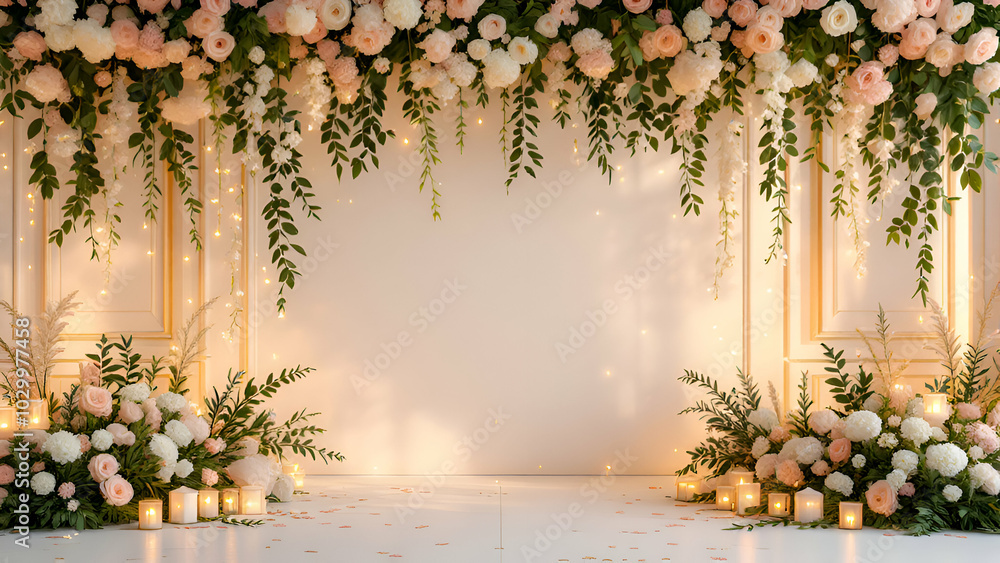 A white wall adorned with cascading greenery and pink and white flowers, illuminated by warm candlelight and string lights, creating a romantic backdrop for a wedding ceremony. A white wall adorned with cascading greenery and pink and white flowers, illuminated by warm candlelight and string lights, creating a romantic backdrop for a wedding ceremony.