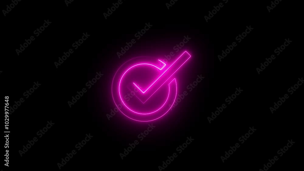 Glowing neon tick mark icon,pink neon icon with black background Glowing neon tick mark icon,pink neon icon with black background