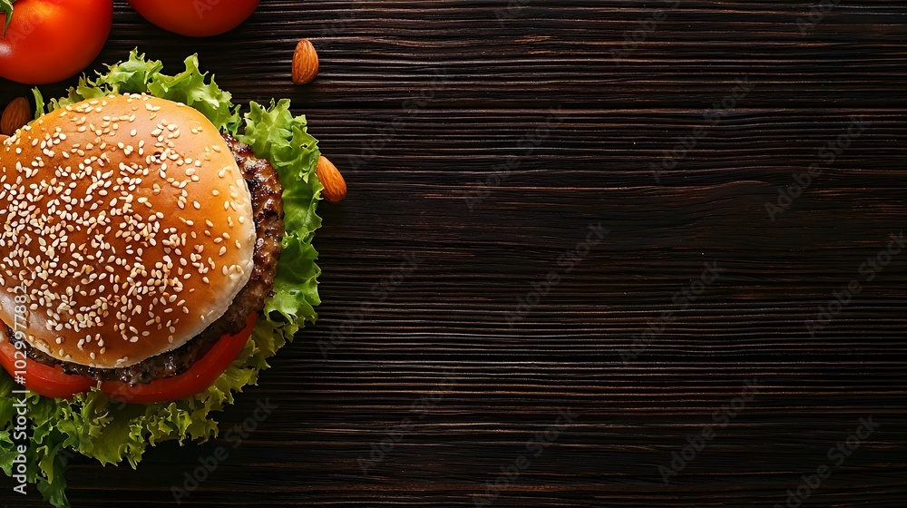 Homemade sesame burger with a rustic appeal resting on a dark wooden surface and offering ample copy space Homemade sesame burger with a rustic appeal resting on a dark wooden surface and offering ample copy space