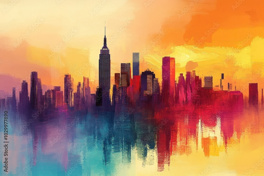 Fototapeta premium Colorful abstract cityscape silhouette against a sunset background.