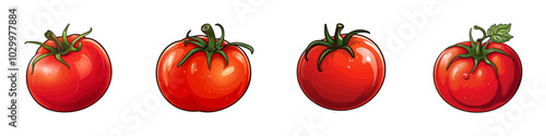 Vector illustration of fresh tomatoes in different angles. Ideal for food, agriculture, or healthy eating concepts. Generative AI.