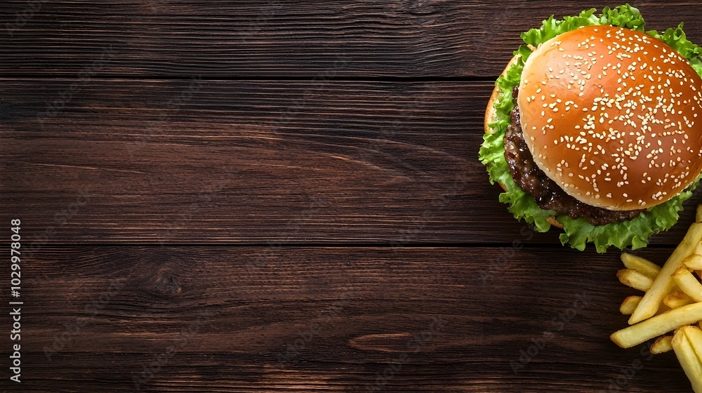 Homemade sesame burger resting on a rustic dark wooden surface offering ample copy space for text overlay  Showcases the delicious appeal and simplistic nature of this classic comfort food item