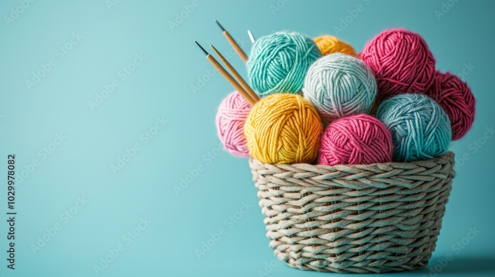 Colorful yarn balls in a woven basket with knitting needles on a blue background Colorful yarn balls in a woven basket with knitting needles on a blue background