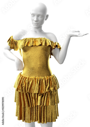 3D render of a golden foil dress embellished with ruffles on an female mannequin. This captivating image showcases the shimmering elegance and unique design of the dress. 