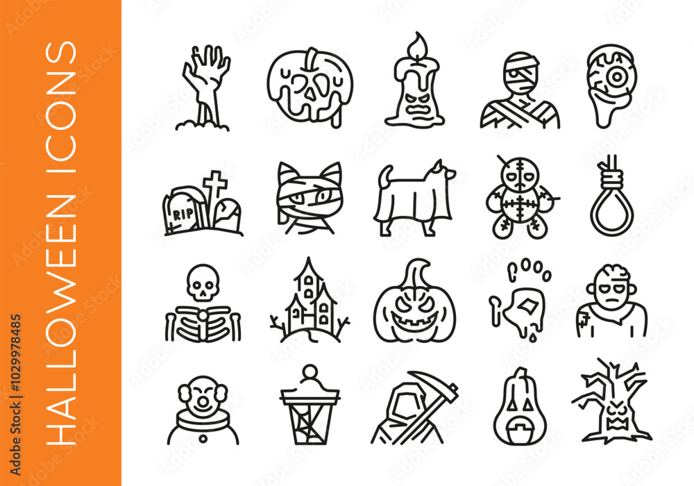 Fototapeta premium Halloween icons. Set of 20 Halloween trendy minimal icons. Skull, Zombie, Mummy, Pumpkin, Haunted House icon. Design signs for web page, mobile app, packaging design. Vector illustration