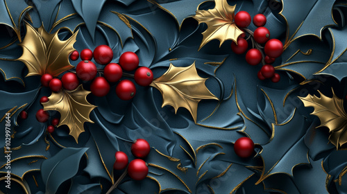 A festive holiday design with red holly berries and gold accents. This 3D design is perfect for winter decorations, backgrounds, or templates. photo