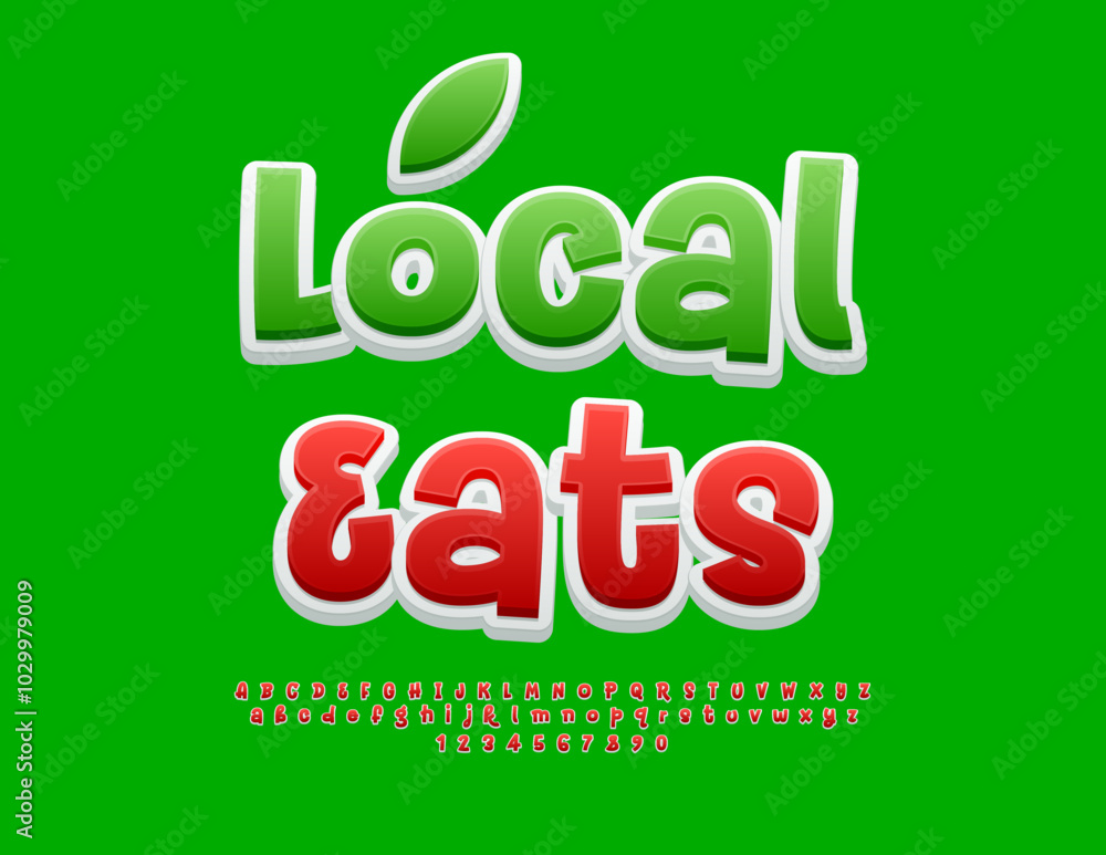 Vector eco template Local Eats. Funny Red Font. Artistic Alphabet Letters and Numbers set. Vector eco template Local Eats. Funny Red Font. Artistic Alphabet Letters and Numbers set.