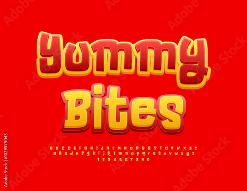 Vector advertising flyer Yummy Bites for Market, Store and Cafe. Yellow and Red Funny Font. Bright Alphabet Letters and Numbers set.