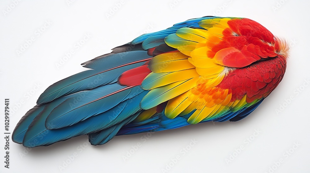 Fototapeta premium A stunning macaw parrot feather, adorned with vibrant hues, sits in isolation against a pure white backdrop. Its intricate patterns and delicate texture create a captivating display. 