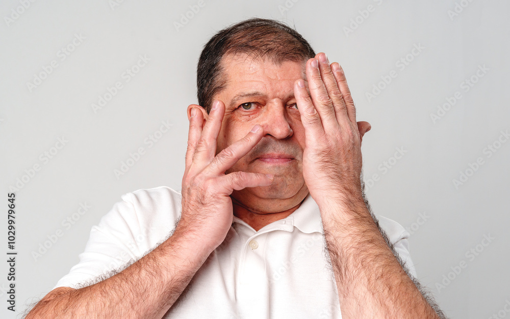 Man covering half of his face with hands while looking at the camera indoors Man covering half of his face with hands while looking at the camera indoors