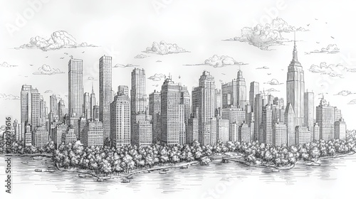 A detailed black and white illustration of a bustling cityscape featuring tall skyscrapers, intricate architectural details, and lush trees along the water's edge.