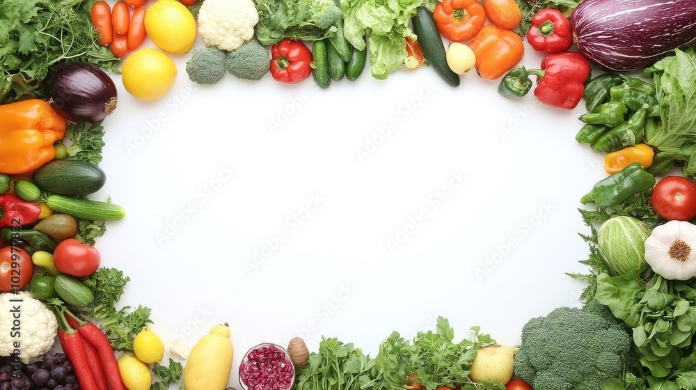 Colorful fresh vegetables and fruits arranged in a frame around a white background. Colorful fresh vegetables and fruits arranged in a frame around a white background.