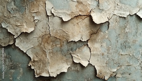 Close-up of peeling paint on a weathered wall, revealing the underlying layers and texture.