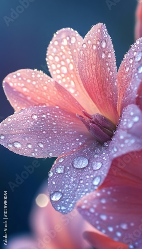 Close-up of pink flower petals covered in dew drops.